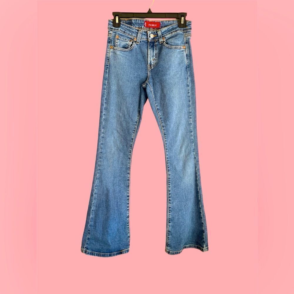 Levis 519 Flare Size 1JR Mid Rise Medium Wash Stretch Stretch Denim Blue Jeans